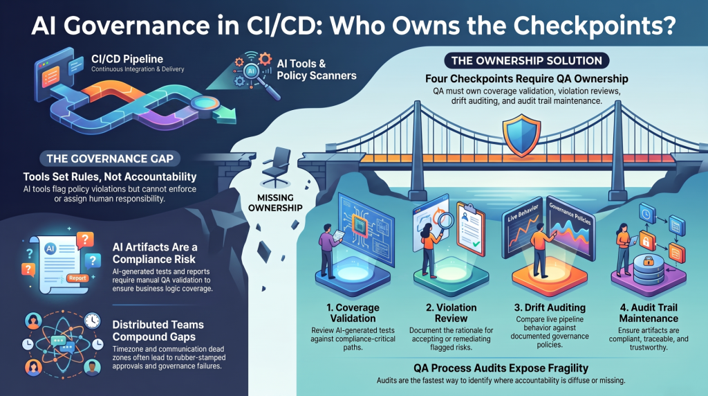 A landscape-oriented infographic summarizing five key takeaways for AI governance in CI/CD pipelines:
Tools Set Rules, Not Accountability: Explains that AI tools set and flag policy rules but cannot assign or enforce human accountability for those rules.
AI Artifacts Pose Compliance Risks: Highlights that AI-generated test cases and coverage reports are a compliance risk themselves if a dedicated QA function doesn't validate them.
Four Checkpoints Require QA Ownership: Lists the critical areas needing human oversight: coverage validation, policy-flagged violation review, drift auditing, and audit trail maintenance.
Distributed Teams Compound Gaps: Notes that approval handoffs often fall into timezone and communication dead zones, widening governance gaps.
QA Process Audits Expose Fragility: Concludes that a structured QA process audit is the fastest way to check whether pipeline governance has clear ownership or is quietly fragile.