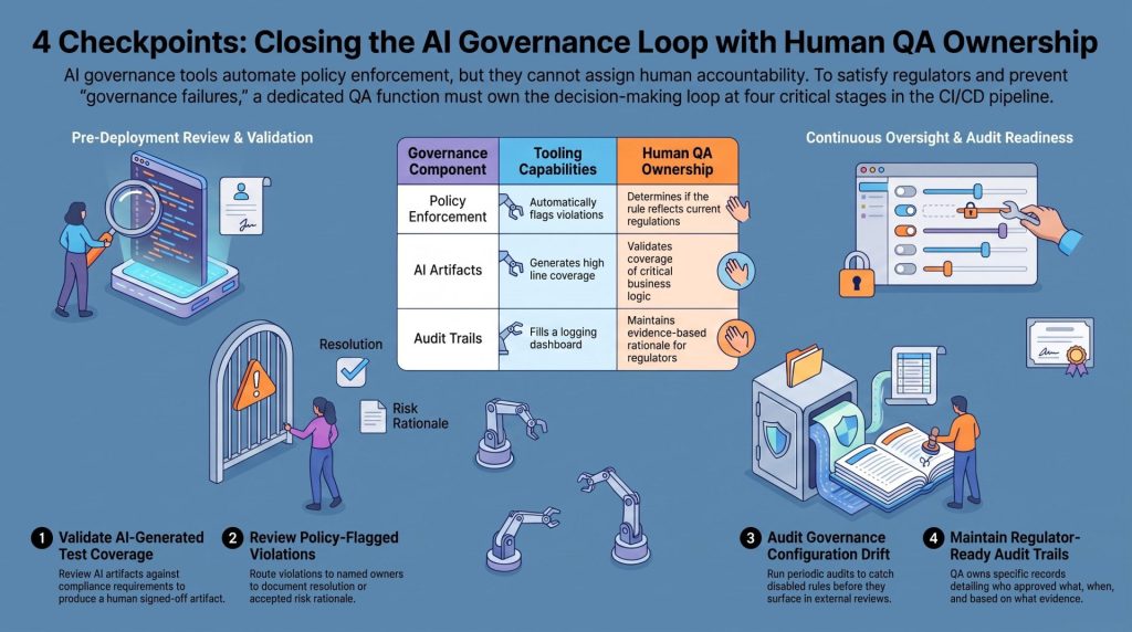 A landscape-oriented infographic detailing four specific pipeline checkpoints that require human oversight to prevent AI governance failures:
Validating AI-Generated Test Coverage Before It Enters the Pipeline: Requires a dedicated QA engineer to review AI-generated artifacts against compliance requirements to produce a signed-off artifact, rather than just passing a gate.
Reviewing Policy-Flagged Violations Before Deployment Approval: Specifies that every flagged violation must route to a named owner (not a shared queue) to document whether it is resolved, an accepted risk, or blocked.
Auditing Drift Between Governance Configuration and Live Pipeline Behavior: Recommends running periodic audits to compare the intended governance configuration against actual pipeline behavior to catch rules that were quietly disabled.
Maintaining the Audit Trail Regulators Will Actually Ask For: States that a dedicated QA function should own the compliance artifact record, capturing specifics like who approved what, on what date, and based on what documented evidence.