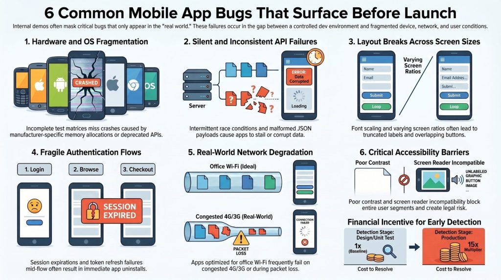 A landscape-oriented infographic outlining the six common mobile app bugs before launch