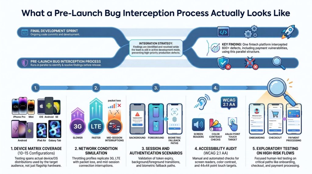 A landscape-oriented infographic detailing a structured pre-launch testing process that runs in parallel with a final development sprint