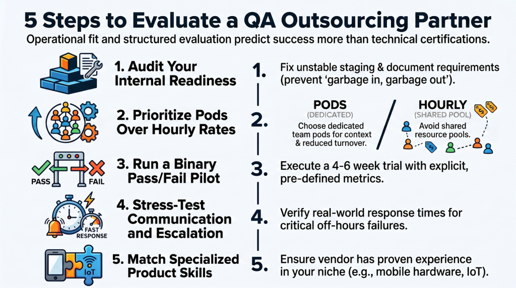 A landscape-oriented infographic explaining how to evaluate a QA outsourcing partner across five essential steps:
Audit Your Own Readiness: Assessing internal staging environment stability, CI/CD pipelines, and documentation baselines before contacting vendors.
Build a Shortlist Around Engagement Model: Prioritizing vendors offering dedicated QA pods over shared resource pools, rather than evaluating solely on hourly rates.
Run a Structured Pilot: Executing a short, bounded test engagement with strict, binary pass/fail criteria instead of an open-ended trial
Stress-Test Communication: Running hypothetical scenarios to test off-hours escalation paths, ensuring true timezone overlap and operational readiness.
Confirm Specialized Coverage: Verifying the vendor has concrete expertise in specific domains, such as mobile or IoT hardware testing, that match the actual product.