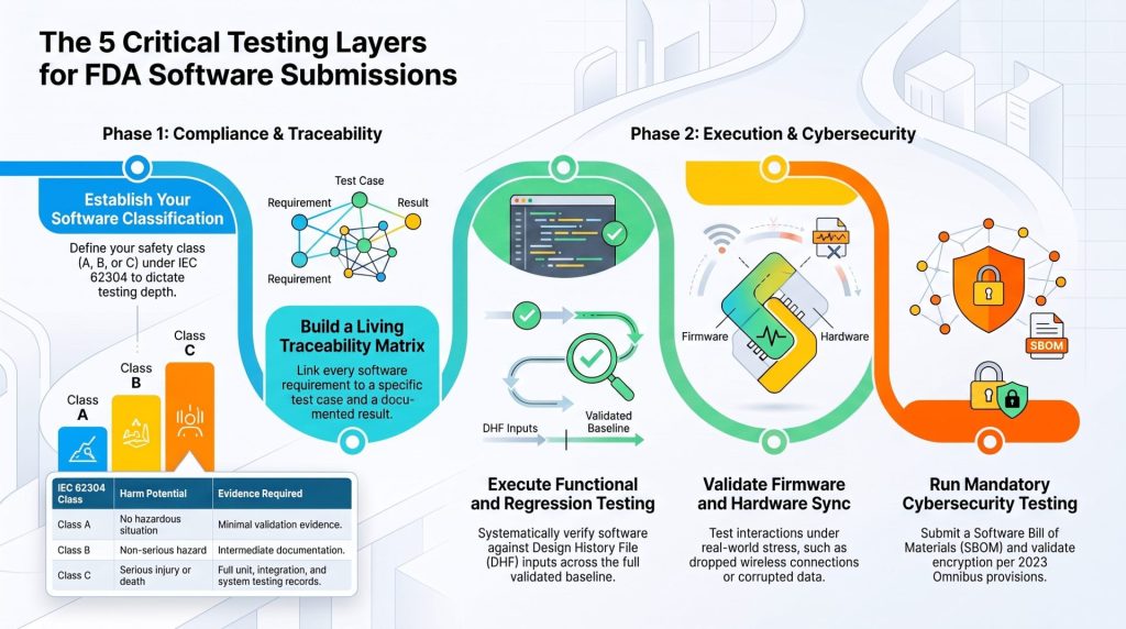 A landscape-oriented infographic outlining the five essential testing layers required for an FDA medical device software submission package. It is divided into five key steps:
Establish Your Software Classification Under IEC 62304 and FDA Guidance: Explains that assigning the correct software safety (A, B, or C) based on the severity of potential harm dictates the evidentiary foundation and depth of testing required.
Build a Traceability Matrix That Links Requirements to Test Evidence: Highlights the need to map every software requirement to a test case and a documented result as a living artifact throughout the sprint cycle, warning that retroactive traceability is a red flag.
Execute Functional and Regression Testing Against the Design History File: Details that functional testing must systematically verify design inputs, while regression testing must cover the full validated baseline (including workflows like device pairing and alert logic).
Validate Firmware and Hardware-Software Synchronization: Emphasizes the importance of testing the full hardware-software interaction under real-world conditions, such as corrupted data packets or wireless connections dropping mid-transmission.
Run Cybersecurity Testing to Satisfy FDA's 2023 Omnibus Provisions: Notes the mandatory requirement to submit a software bill of materials (SBOM) and provide concrete evidence of security testing covering authentication, encrypted data transmission, and secure firmware update integrity.