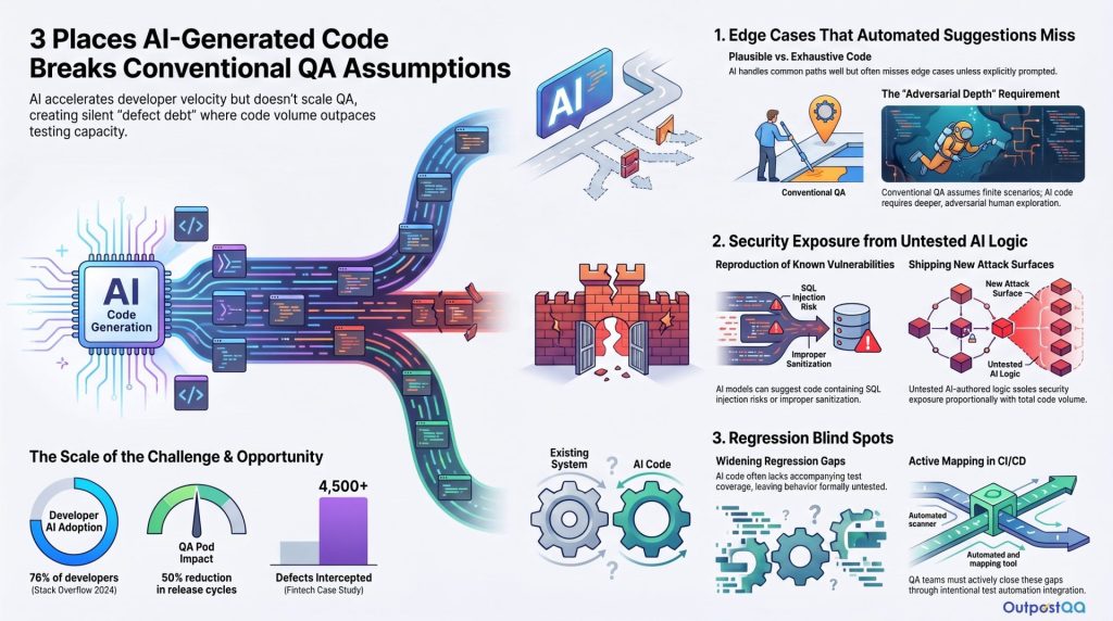 A landscape-oriented infographic outlining the specific risks introduced when AI-assisted development outpaces QA coverage, divided into three sections:
Edge Cases That Automated Suggestions Miss: Explains that AI code generators produce plausible, rather than exhaustive, code
. It highlights that AI handles common paths well but often misses edge cases unless explicitly prompted, meaning QA engineers must review AI-assisted sprints with more adversarial depth.
Security Exposure from Untested AI-Written Logic: Warns that AI suggestions drawn from large training corpora can reproduce known vulnerabilities, such as SQL injections, improper input sanitization, and insecure defaults
. It emphasizes that shipping unreviewed AI logic directly increases the application's attack surface.
Regression Blind Spots in Partially AI-Authored Codebases: Details how AI-generated code without accompanying test coverage creates widening regression gaps
. It notes that QA must actively map and close these blind spots with CI/CD integration, as you cannot run regression tests against behavior that was never formally tested.