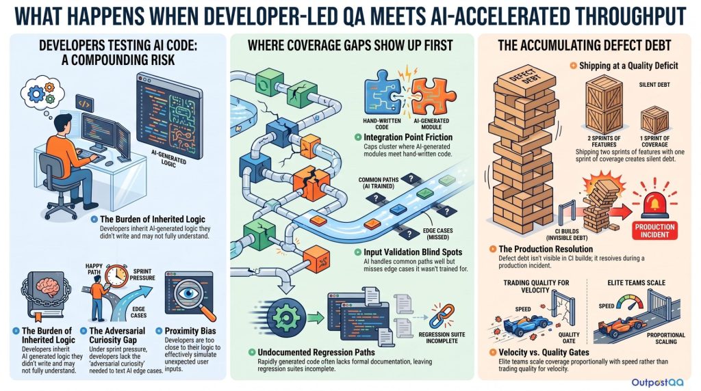 A landscape-oriented infographic detailing the specific risks that emerge when developer-driven testing tries to keep up with AI code generation, featuring three sections:
Developers Testing Their Own AI-Assisted Code (A Compounding Risk): Notes that developers are already too close to their own logic to test it adversarially.
When they accept an AI suggestion, they inherit logic they didn't write, requiring a level of adversarial curiosity that most developers lack under sprint pressure.
Where Coverage Gaps Show Up First: Highlights that AI-era coverage gaps typically cluster at integration points between AI-generated modules and hand-written code, input validation for edge cases the AI missed, and undocumented regression paths.
The Accumulating Defect Debt: Emphasizes that shipping two sprints' worth of features with only one sprint's worth of QA coverage creates a silent deficit
. This untested risk compounds over time and usually resolves itself at the worst possible time during a production incident.