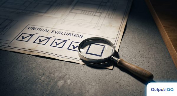 Magnifying glass focusing on a single unchecked box on a blueprint checklist, illustrating the meticulous criteria needed to evaluate a QA outsourcing partner.